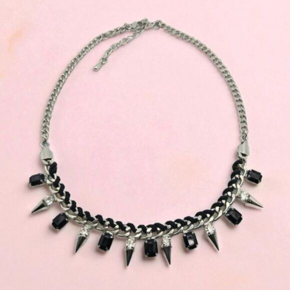 Silvertone Chain with Spikes Clear and Black Rhinestones Leather Accent Necklace - Picture 1 of 6